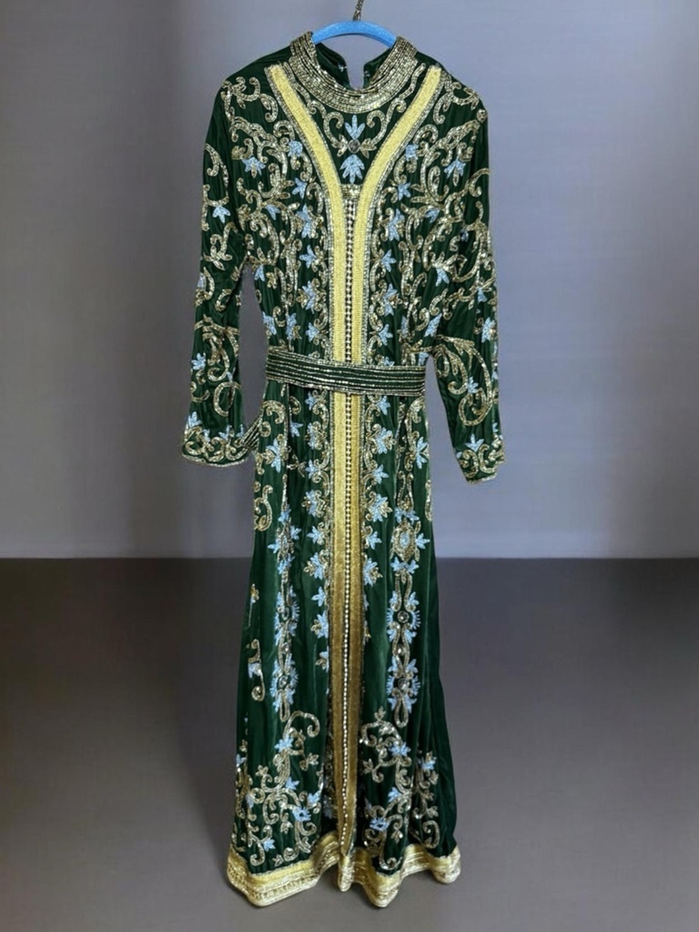 Luxury Green velvet moroccan takchita kaftan heavily beaded Gold/silver